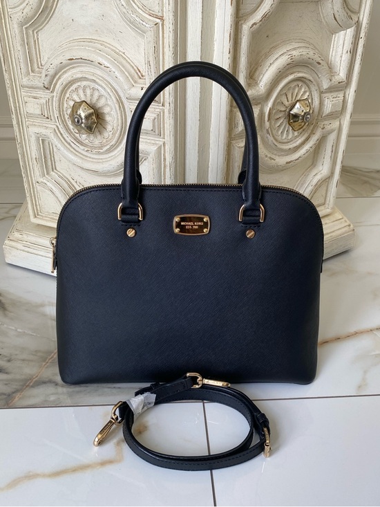 MICHAEL Michael Kors Handbags - MICHAEL KORS Cindy Large Leather Dome Satchel Black Handbag/Crossbody W/Gold